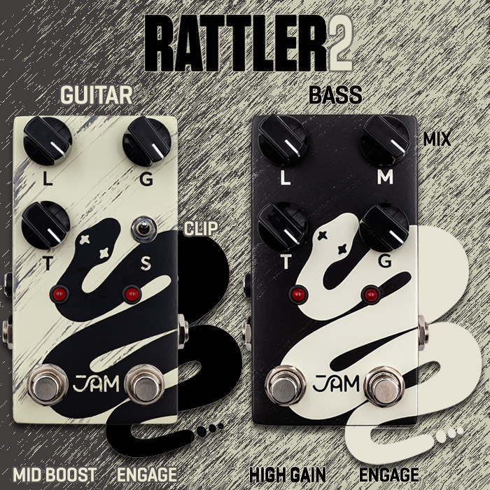 JAM Pedals unveils the 2nd major iteration of its Rattler Distortion - now with additional Mid Boost and 2-way Clipping, alongside a proprietary custom OpAmp chip