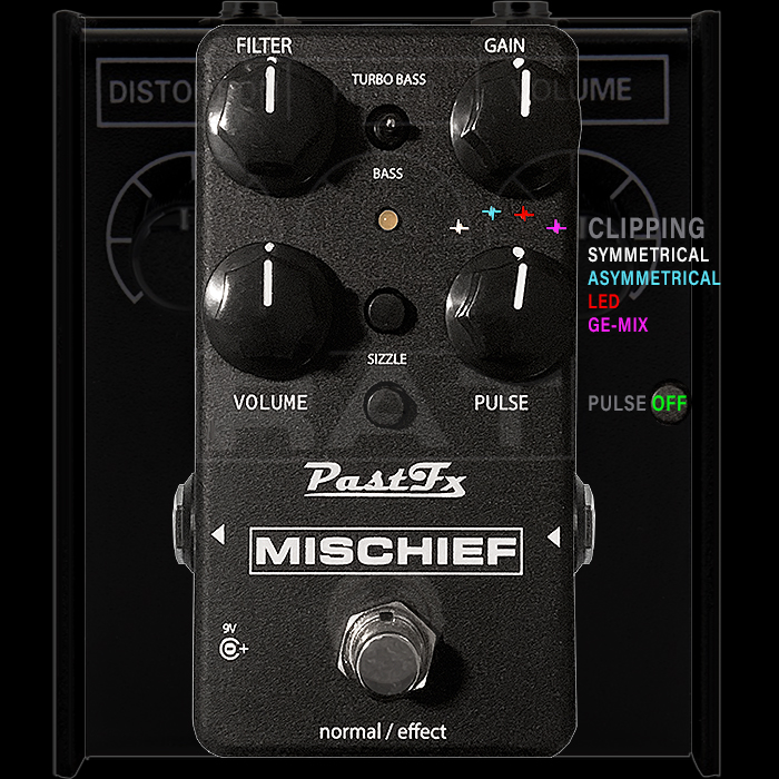 PastFX delivers smart Mischief Multi-clipping Rat-style Distortion with added Sizzle and Bass controls