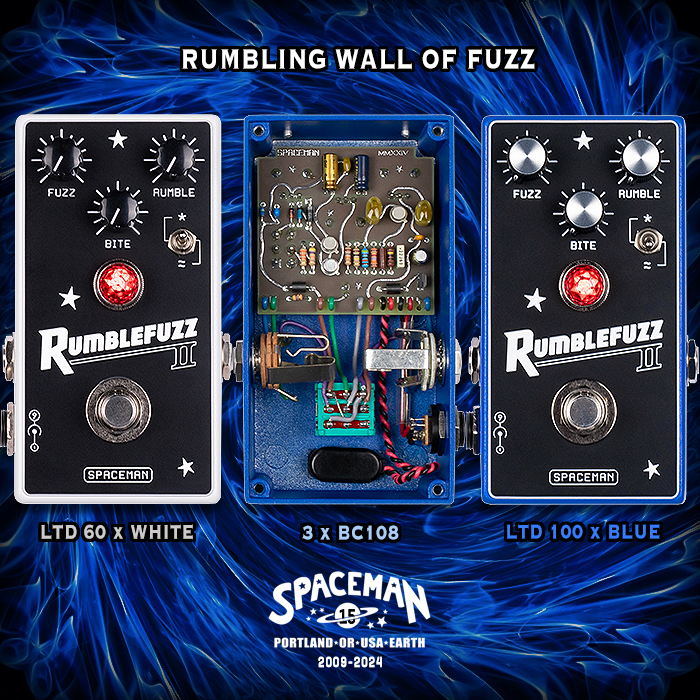 Spaceman Effects revives and improves its very first pedal - a rumbling wall of sound fuzz, now in limited white and blue Rumblefuzz II Editions