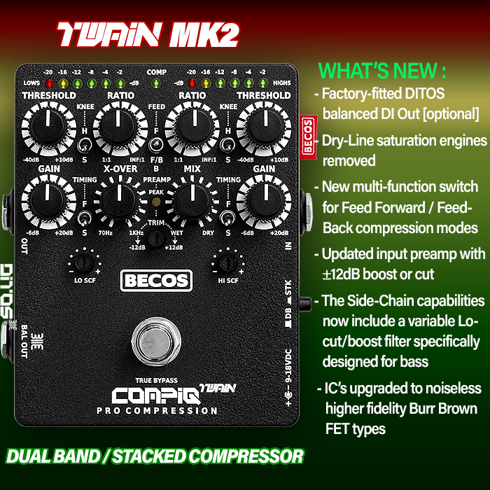 Becos FX reveals updated CompIQ Twain Mk2 Dual Band / Stacked Pro Blackmer VCA Compressor with further refined features and components