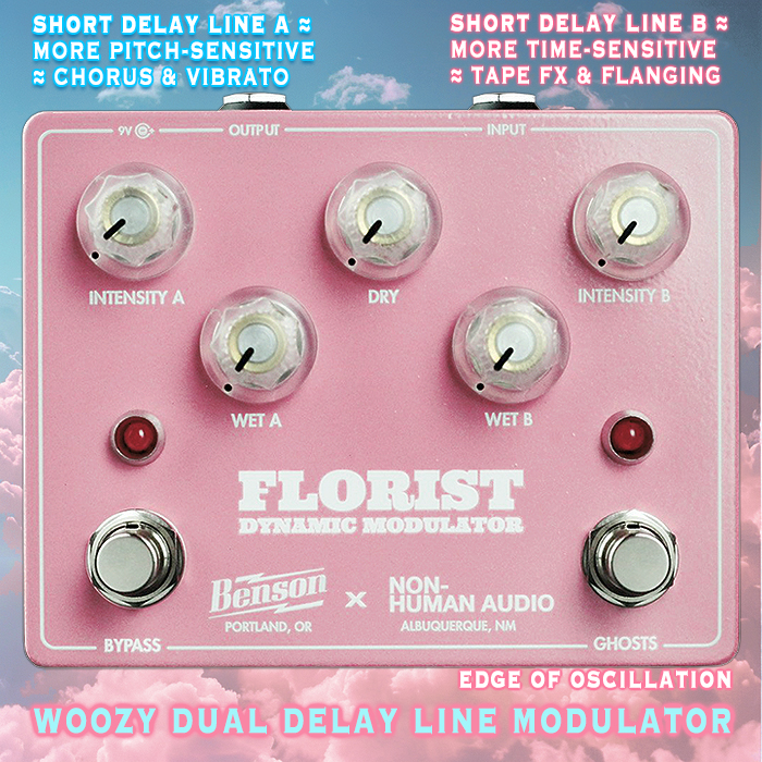 Inspired by the Slow Loris Dynamically Modulated Slapback Delay, Benson collaborates with Non-Human Audio on the woozy Florist Dynamic Dual Delay Line Modulator