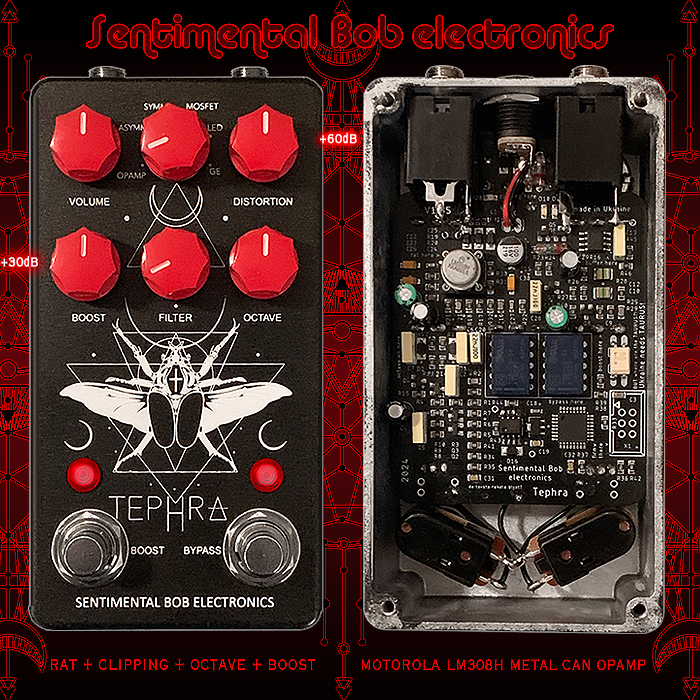 Sentimental Bob Electronics' Tephra delivers a wonderfully potent extended range take on the Rat Distortion - with added 6 x Clipping Options, Octave and Powerful Independent Boost