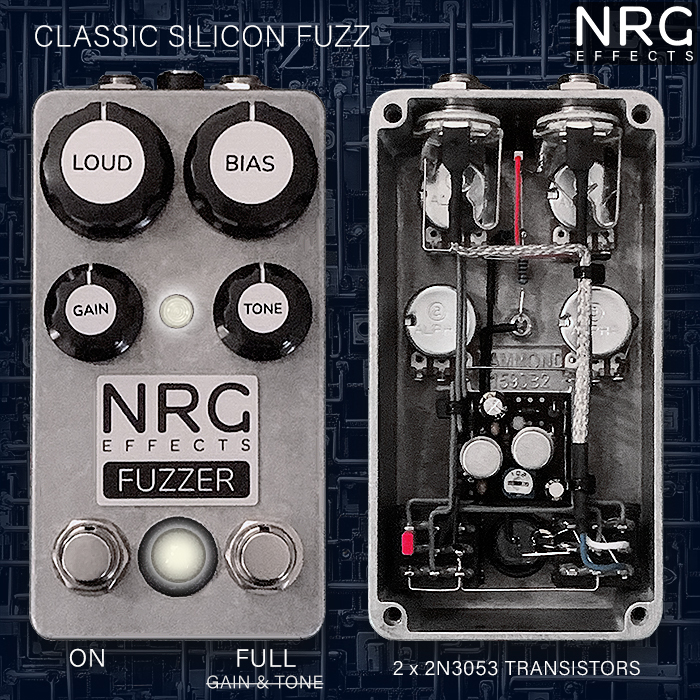 NRG Effects' Fuzzer is a glorious vintage-inspired, warm and richly textured extended-range 2-Transistor Classic Silicon Fuzz