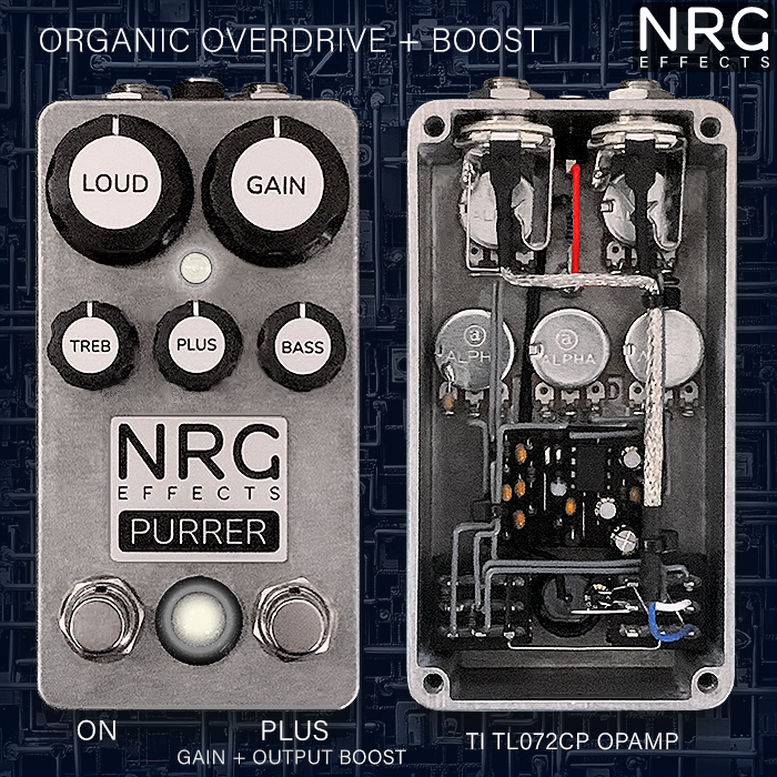 NRG Effects' Purrer is a a beautifully elegant, warm and even tempered Organic Overdrive with really smart 'Plus' Boost