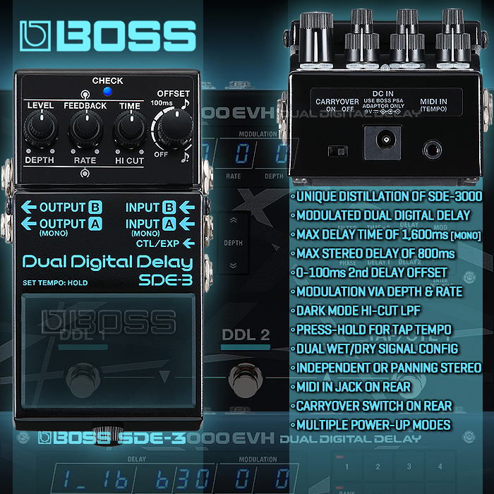 Boss shrinks down its excellent SDE-3000 Dual Digital Delay to compact SDE-3 proportions - featuring smart Offset function and panning stereo output