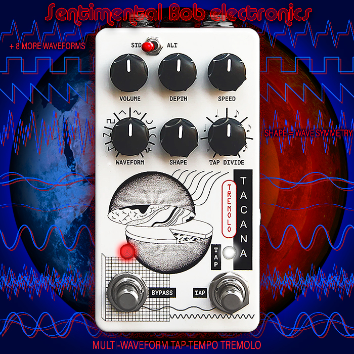 Sentimental Bob's Tacana is a beautifully sparkly 16-Waveform Amplitude Tremolo with Tap Tempo