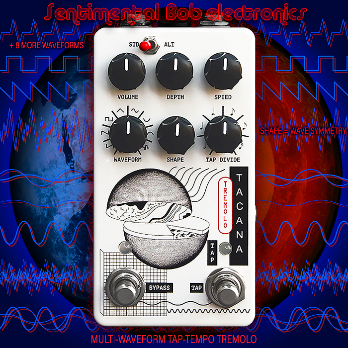 Sentimental Bob's Tacana is a beautifully sparkly 16-Waveform Amplitude Tremolo with Tap Tempo