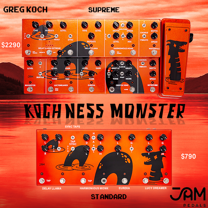 JAM Pedals unleashed 2 Greg Koch Signature Kochness Monster Multi-FX Units in Standard 4-Effects, and Supreme 10-Effects Editions