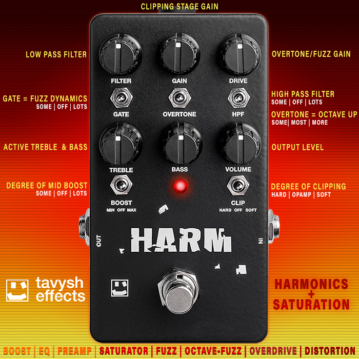 Tavysh Effects' HARM Multi-Gain Machine combines EQ, Harmonics and Saturation for the ultimate 12 Degrees of Saturation Pedal