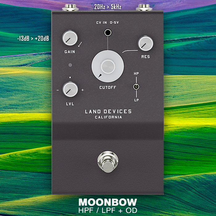 Land Devices delivers the beautifully textured Moonbow dual resonant filter with control strip style Overdrive