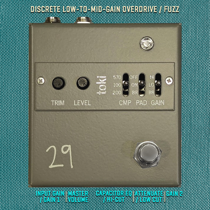 29 Pedals' Toki Fuzz Driver is a grittier, more textured and saturating mid-gain Overdrive / Fuzz