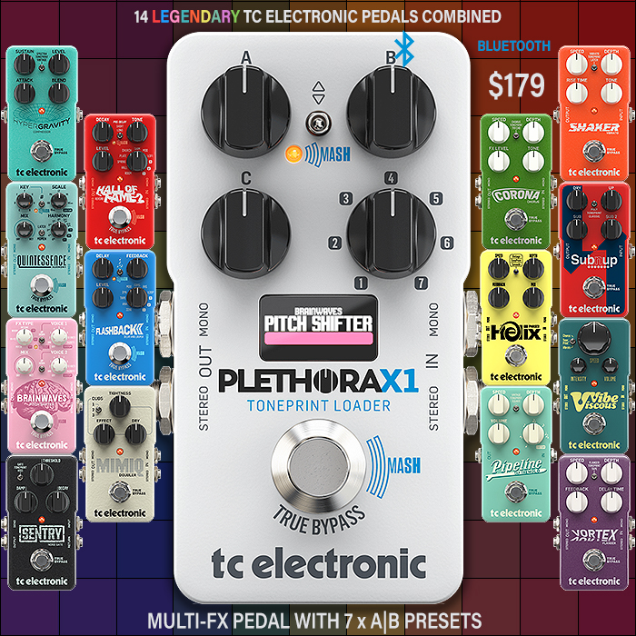 TC Electronic combines 14 of its mainline flagship pedals into the one Plethora X1 Bluetooth Enabled All-in-one Multi-FX unit