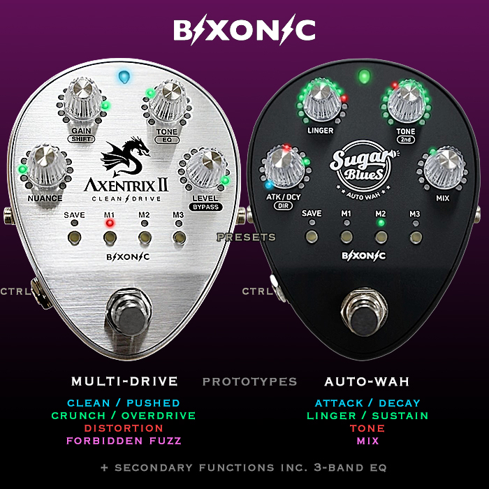 Bixonic teases 2 new prototype pedals at Namm - the Acentrix II Clean/Drive and Sugar Blues Auto-Wah