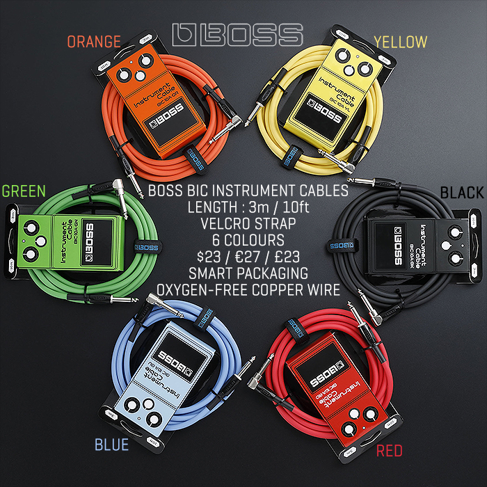 Boss releases really cool and colourful BIC 3m/10ft Instrument Cables in 6 primary colours