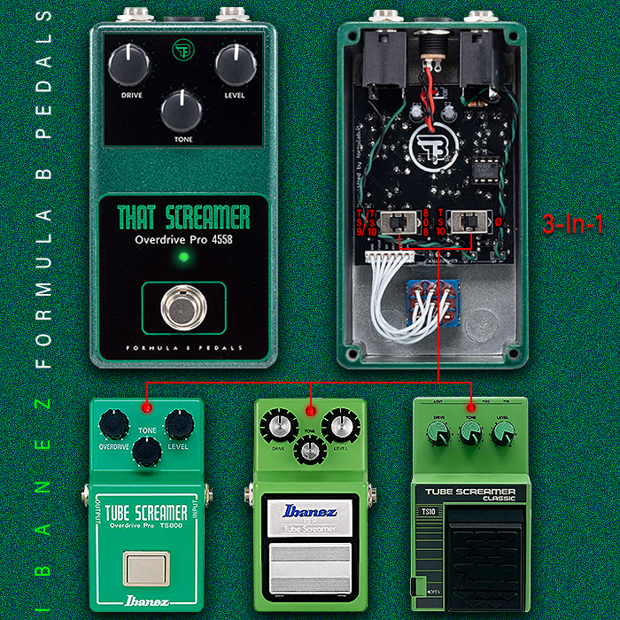 Formula B's That Screamer Overdrive Pro 4558 Pedal delivers all 3 Classic Tube Screamer flavours in the one device