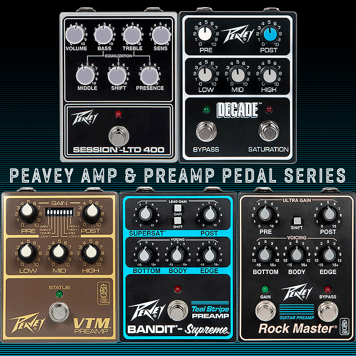 Peavey matches Marshall with 5 of its own classic Amp and Preamp Series Pedals - Session LTD 400, Decade, VTM, Bandit, and Rock Master