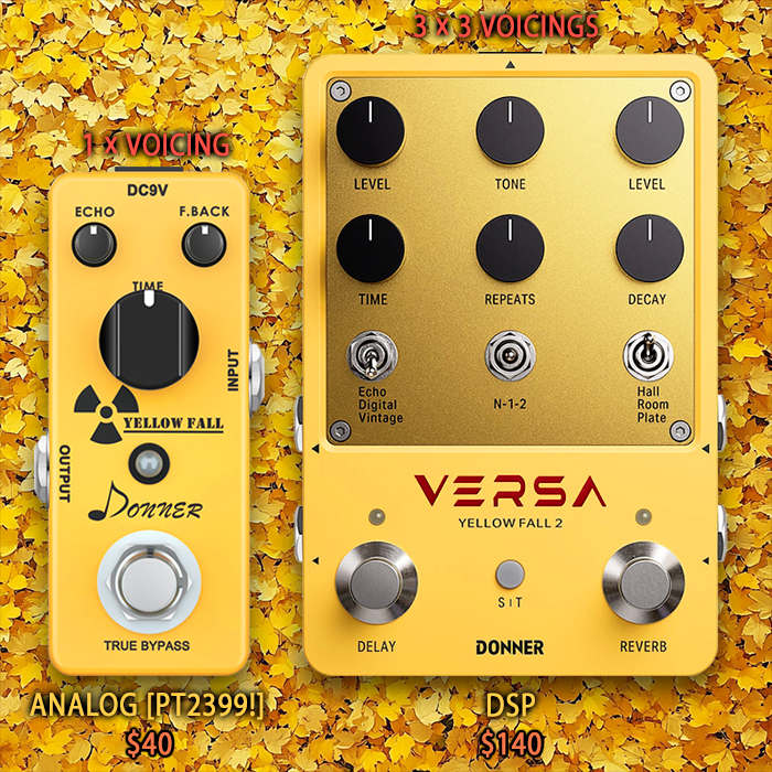 Donner introduces Versa Yellow Fall 2 DSP Delay + Reverb as the heir to the secret weapon Yellow Fall 'Analog' Mini Delay Pedal