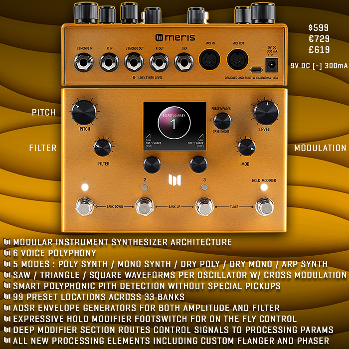 Meris super-sizes its Enzo Polyphonic Synth - now the Enzo X with additional features and algorithms from the LVX and Mercury X Pedals onboard