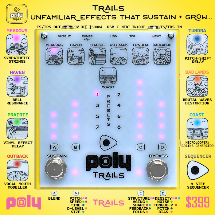 Poly Effects assembles an intriguing mix of unfamiliar effects that sustain & grow - including resonators, vinyl and pitch-shifting delays, vocal modelling, Wavefolding Distortion and an 8-Step Sequencer