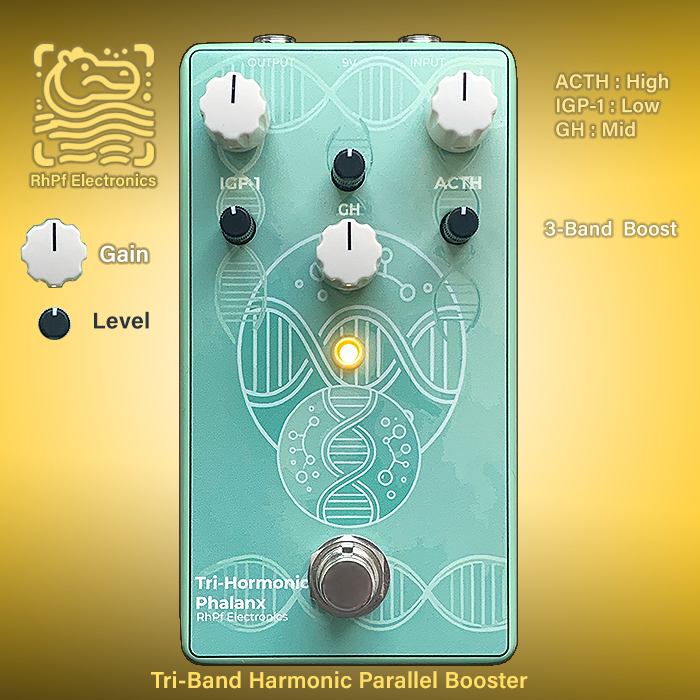 RhPf Electronics' Tri-Harmonic Phalanx is a super versatile 3 x MOSFET Gain Stager Boost / Overdrive - where you balance the saturation of Low, Mid and High Frequency Band Cluster Gain Stages in parallel