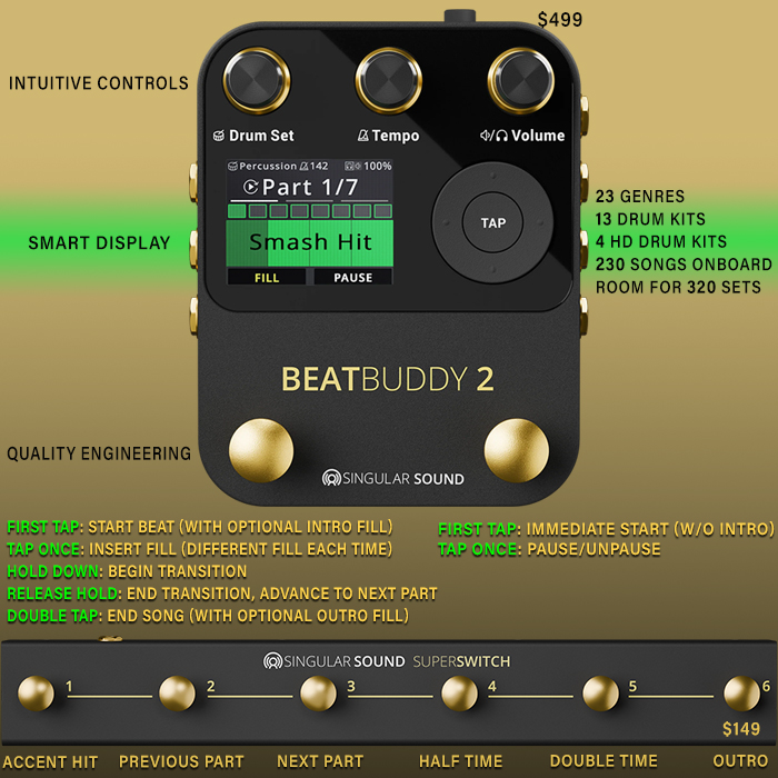 Singular Sound massively levels up its Beat Buddy 2 - now in sleek gold accented custom enclosure with all-round improvements and a handy SuperSwitch Controller