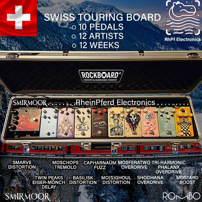 RhPf Electronics coordinates a 10-Pedal Touring Board - which will travel through Switzerland for 12 different artists to interact with it over a 12 week period