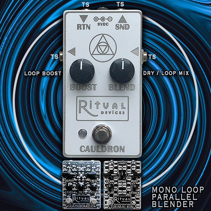 Ritual Devices Cauldron is a Single Mono FX Loop Parallel Blender which allows you to cleverly combine and build up effects in parallel