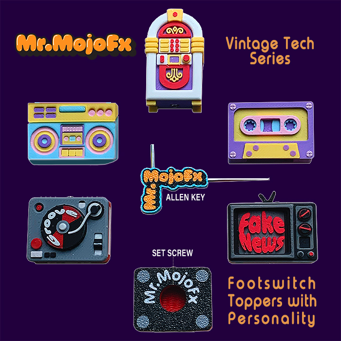 Mr.MojoFX makes really cool Footswitch Toppers with Personality - in Barcelona, Spain, and currently it offers 3 different series - Vintage Tech, Munchies and Masks