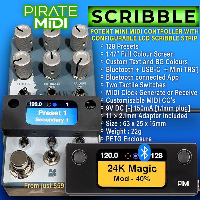 Pirate MIDI Unleashes incredibly smart full featured 'Scribble' Mini MIDI Controller with Customisable LCD Scribble Strip Screen