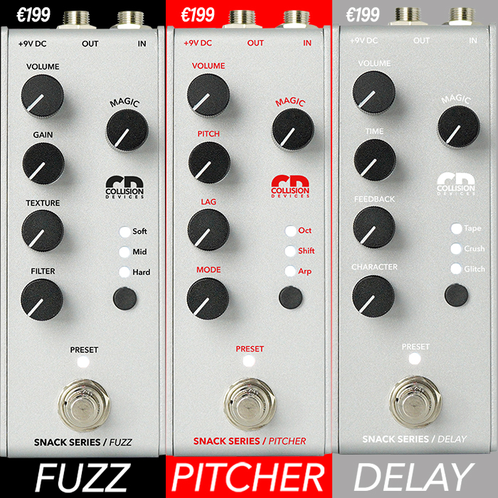 Collision Devices introduces new compact Snack Series of Mono effects - a Fuzz, a Pitcher, and a Delay