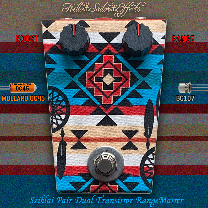 Joe from Hello Sailor Effects delivers a potent Sziklai Pair Hybrid Dual Transistor RangeMaster in striking tribal fabric wrap