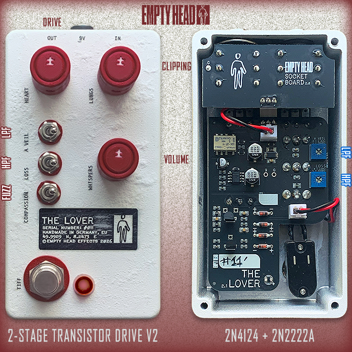 Empty Head Effects refines its beautifully textured The Lover 2-Stage Transistor Drive/Fuzz - now in V2 Portrait format