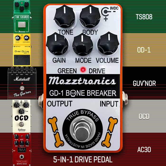 Mozztronics' potent GD-1 Bone Breaker essentially ads several Mods to a core TS808 style voicing - to deliver OD-1, Guv'nor, OCD and AC30 tones