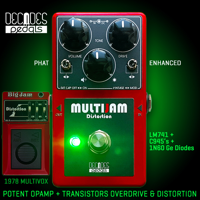 Decades Pedals perfectly revives and improves Multivox's 1978 Big Jam Distortion - which sits sort of adjacent to but distinct from the early MXR Distortion+ and DOD250