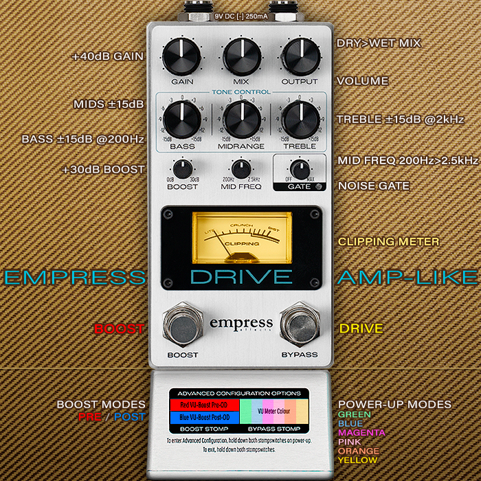 Empress Effects' new Amp-Like Drive Pedal is a super-versatile Extended Gain-Range Active-EQ Saturator with Pre or Post Boost, and a built-in Noise Gate