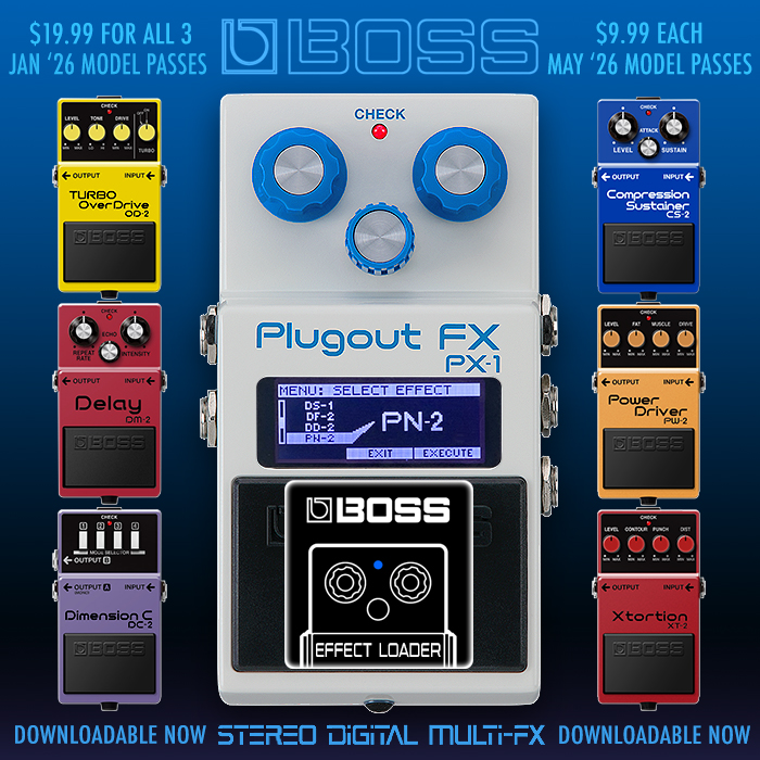 Boss unveils 3 more PX-1 Plugout FX Model Passes for May - The 1981 CS-2 Compression Sustainer, 1996 PW-2 Power Driver and 1996 XT-2 Distortion