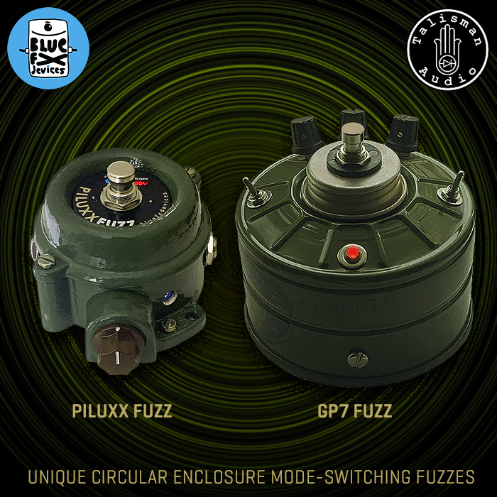 2 quirky and unique green circular enclosure superb sounding Mode-Switching Fuzzes - the Blue FX Devices Piluxx, and Talisman Audio GP7 Soviet Gas Mask Canister Fuzz